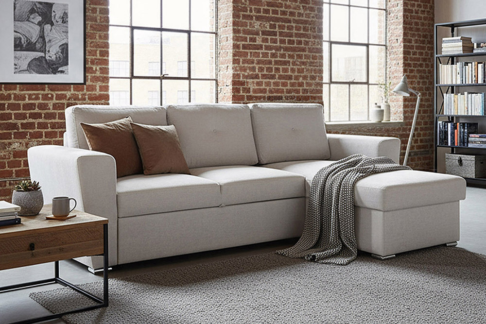 Ecksofa mit Schlaffunktion APARTMENT beidseitig aufbaubar beige Strukturstoff inkl. Stauraum