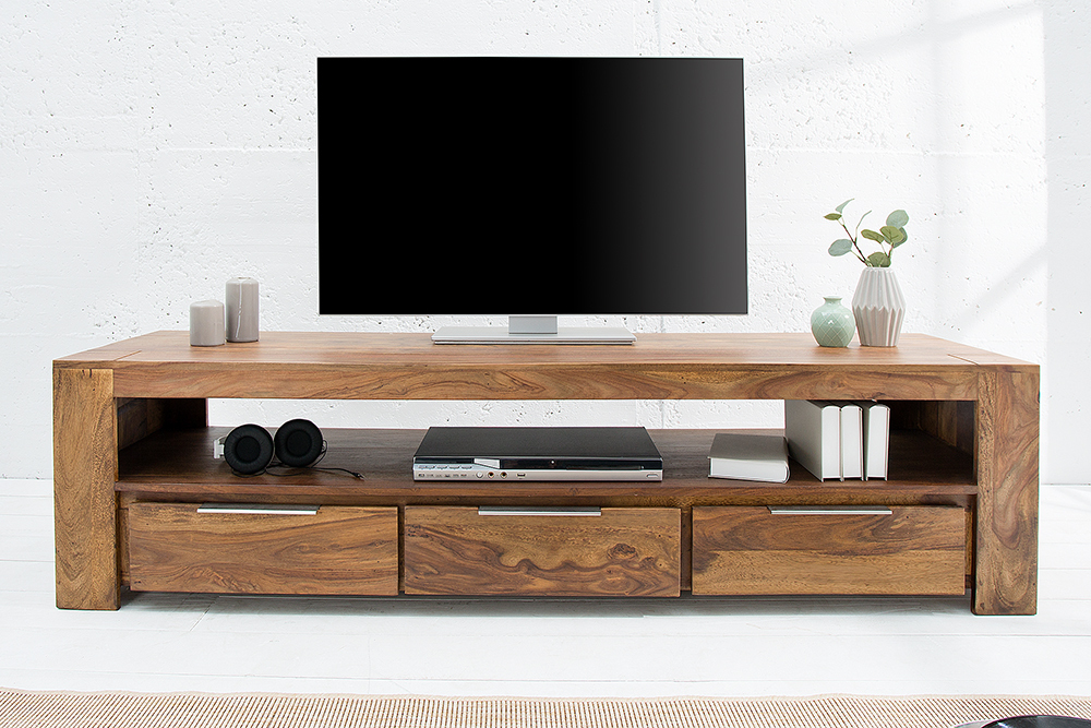 Massives TV-Board MAKASSAR 170cm braun Sheesham stone finish Lowboard drei Schubladen