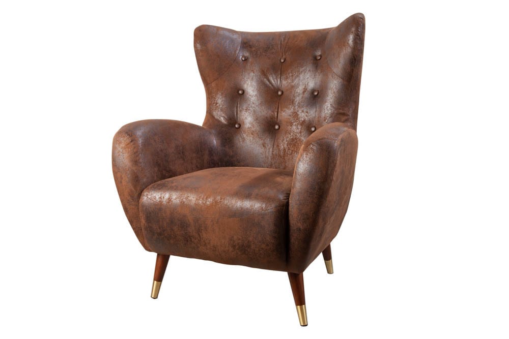 Retro Design Sessel DON antik braun goldene Fußkappen mit Federkern