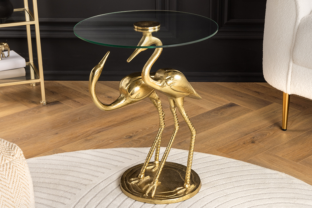 Runder Beistelltisch WILDLIFE CRANE 55cm gold Glas Kranich-Skulptur handmade