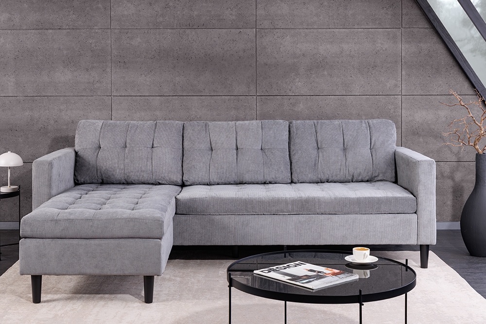 Modernes Ecksofa STOCKHOLM 220cm grau Cordstoff Federkern 3-Sitzer-Sofa