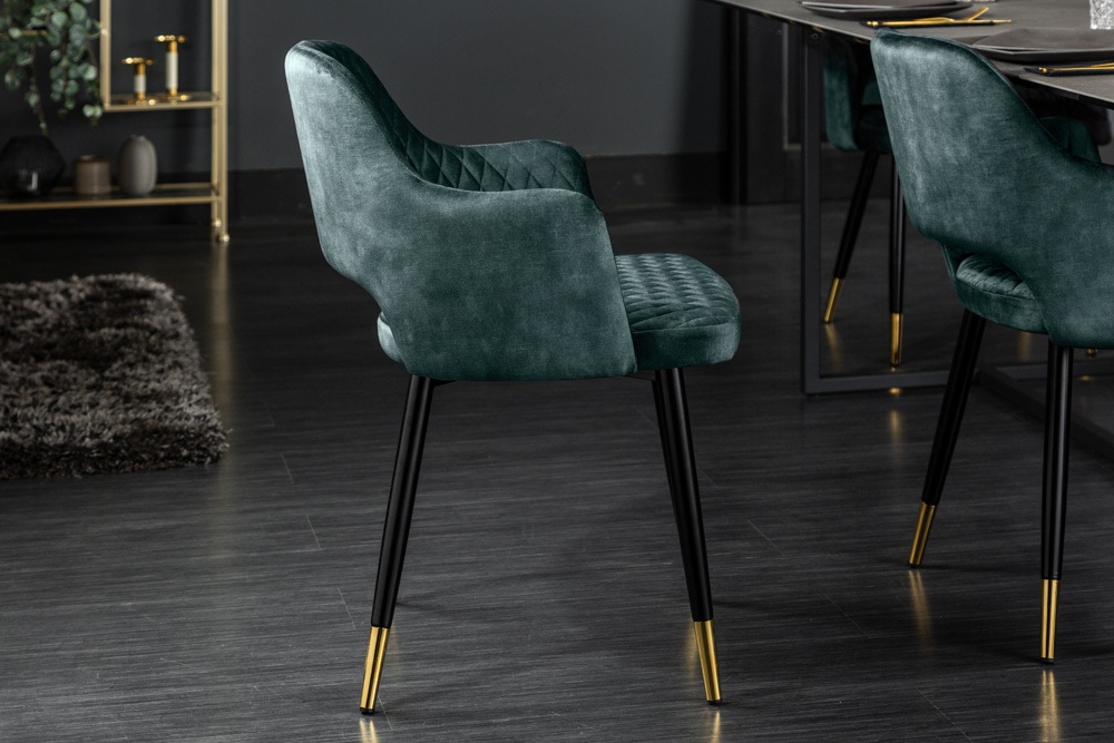 Eleganter Stuhl PARIS petrol Samt Ziersteppung Fußkappen gold Retro-Design mit Armlehnen