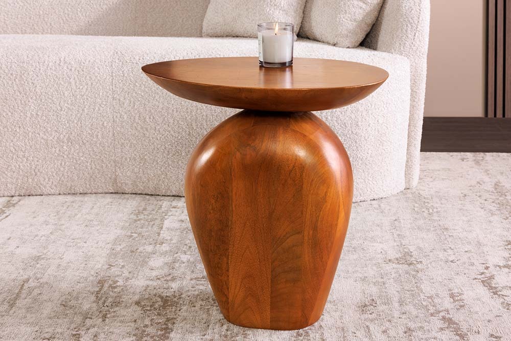 Massiver Beistelltisch ORGANIC 50cm braun Mangoholz oval Säulenfuß