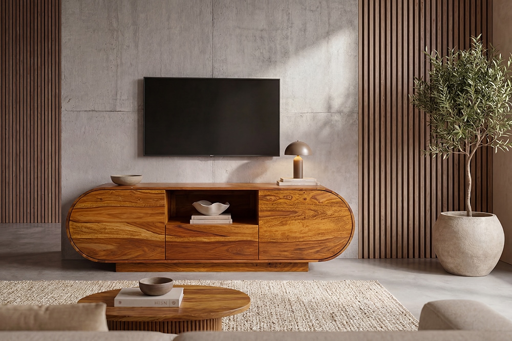 Massives TV-Board ORGANIKO 160cm braun Sheeshamholz stone finish ovales Lowboard