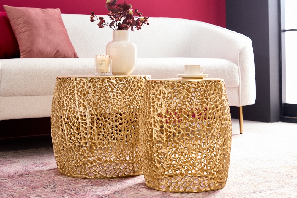2er Set Filigraner Design Couchtisch ABSTRACT LEAF gold Handarbeit Metall rund