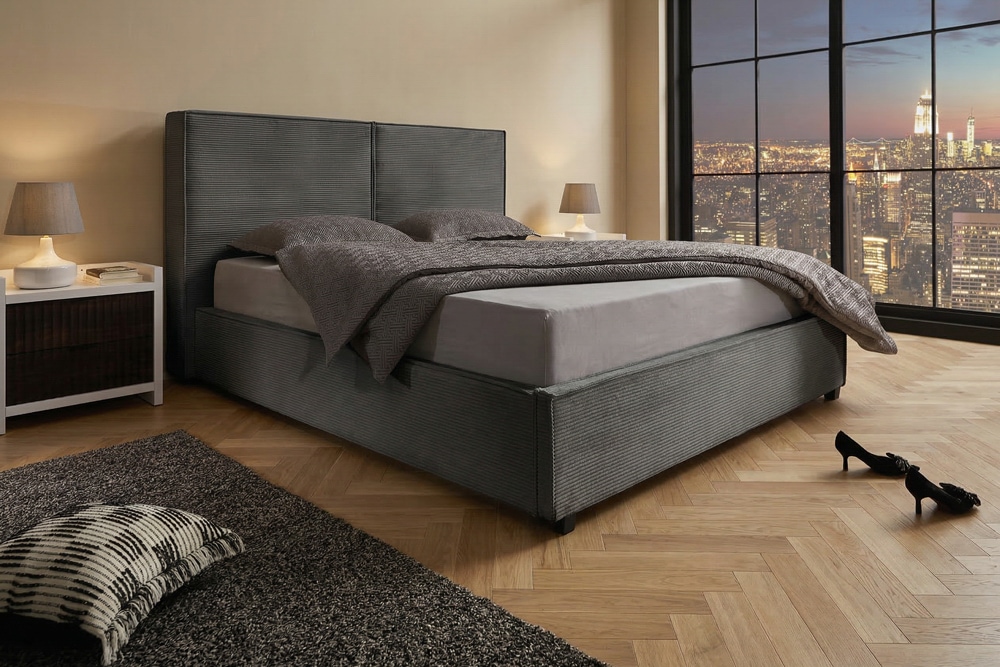 Komfortables Boxbett ROCCO 180x200cm dunkelgrau Cord mit Stauraum und Lattenrost
