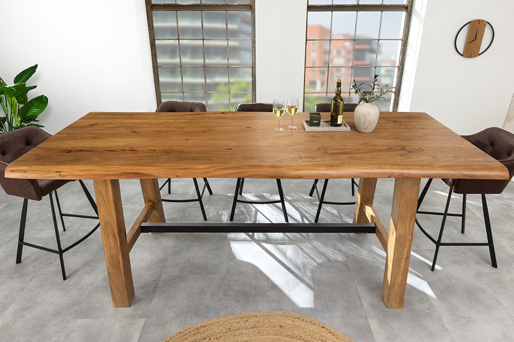 Massiver Bartisch MAMMUT 220cm natur Akazie Baumkante schwarz Metall