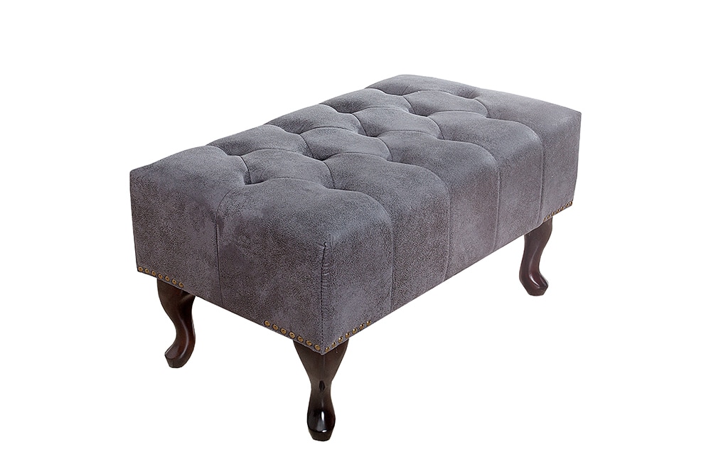 Edler Chesterfield Fußhocker antik grau Microfaser mit Knopfheftung und Nietenbesatz