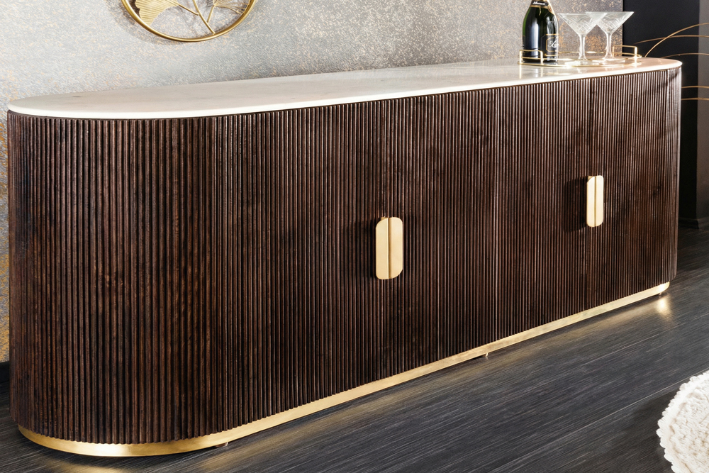 Design Sideboard GATSBY 170cm braun gold Mangoholz weiße Marmorplatte