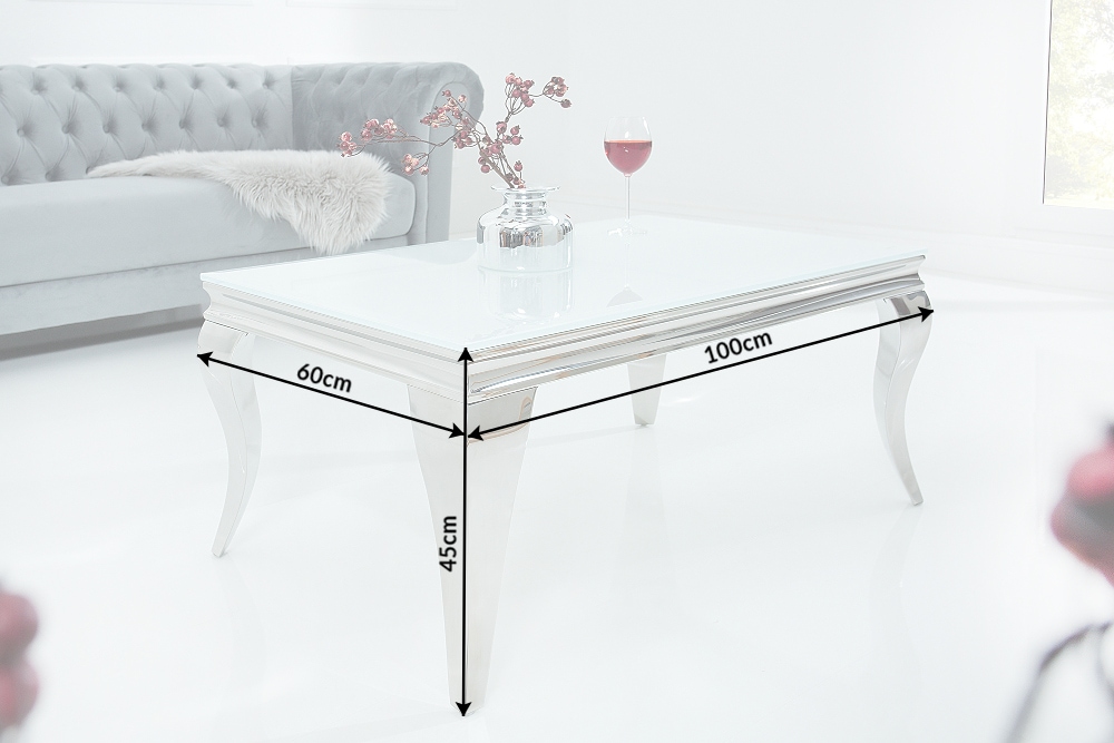 Eleganter Couchtisch MODERN BAROCK 100cm silber mit weißem Opalglas