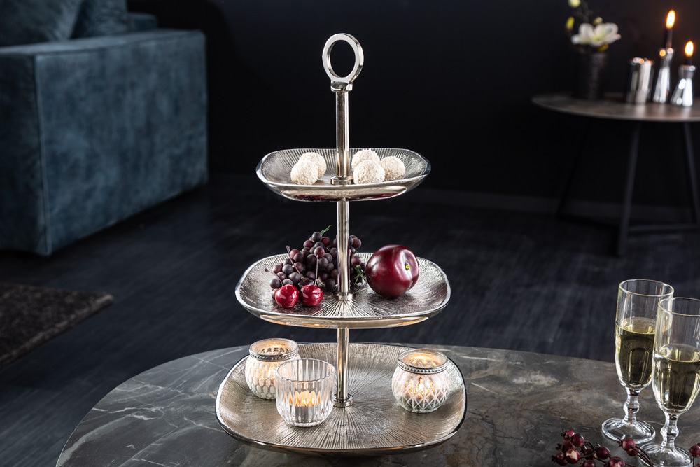 Moderne Etagere ORIENT 45cm silber Hammerschlag-Design mit drei Etagen