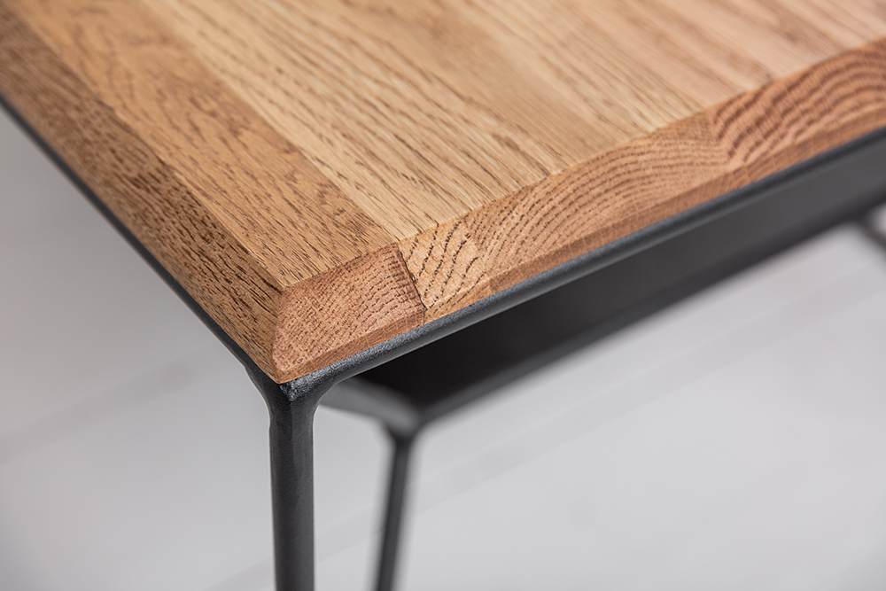 Massivholz Couchtisch ARCHITECTURE 110cm Eiche geölt schwarzes Metallgestell mit Ablage