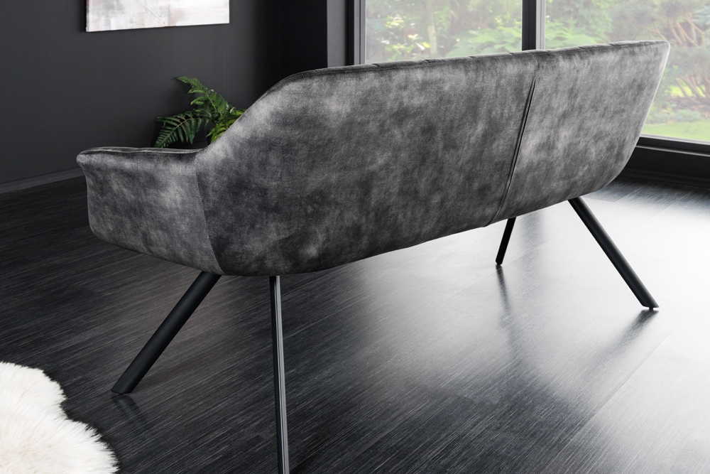 Esszimmer Sitzbank PAPILLON 165cm grau Samt mit Rückenlehne schwarzes Metallgestell