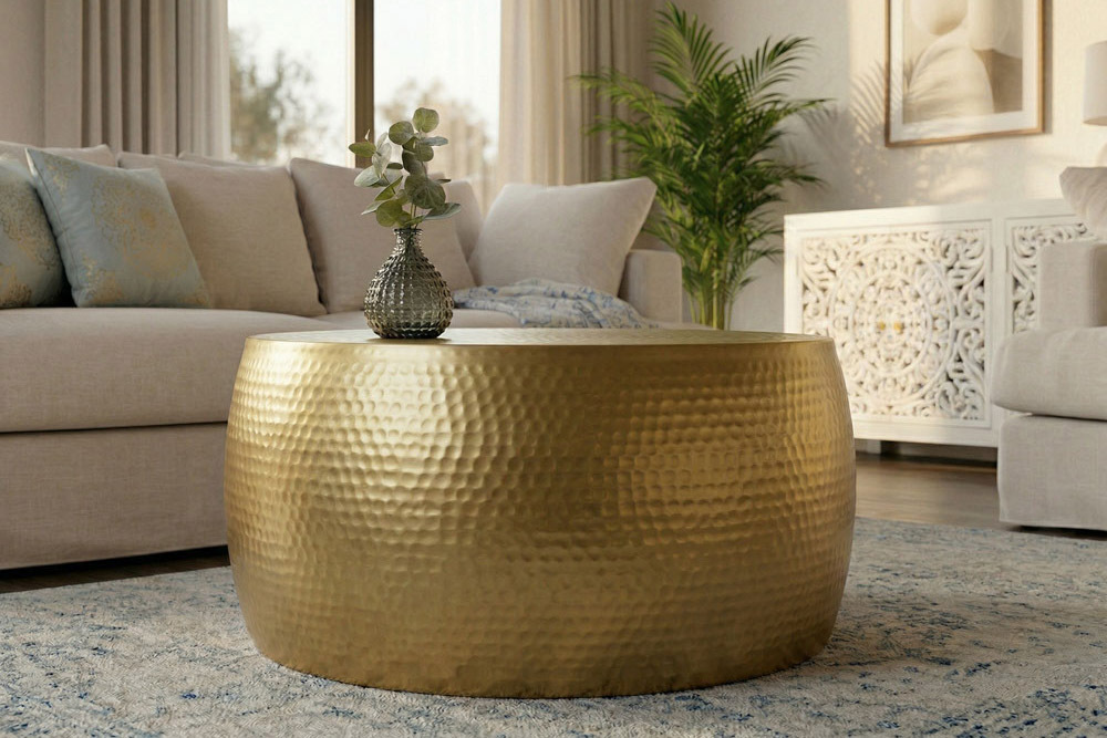 Runder Couchtisch ORIENT III 60cm gold Metall Hammerschlag Design handmade
