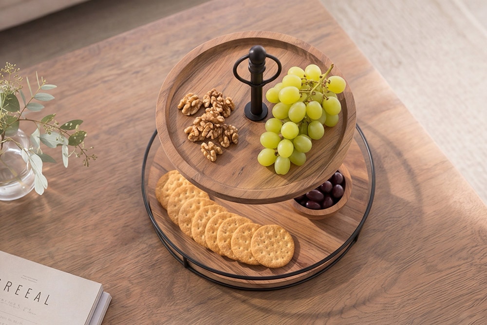 Massivholz Etagere PURE NATURE 40cm Mango rund mit zwei Etagen schwarzes Metall