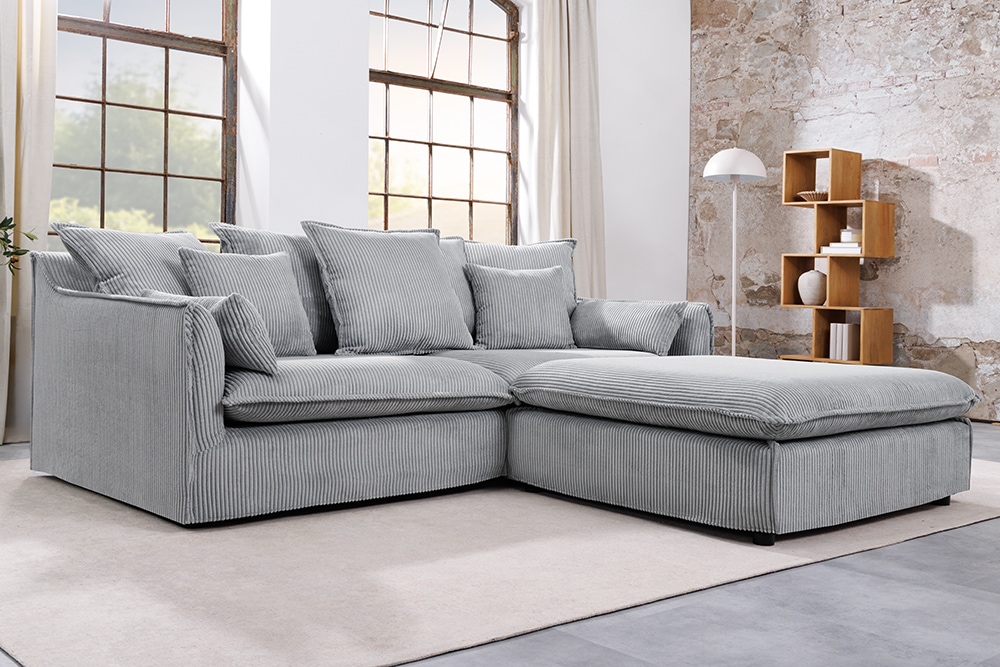 Großer Sitzhocker HEAVEN 100cm hellgrau Cord Federkern Sofahocker abnehmbarer Bezug