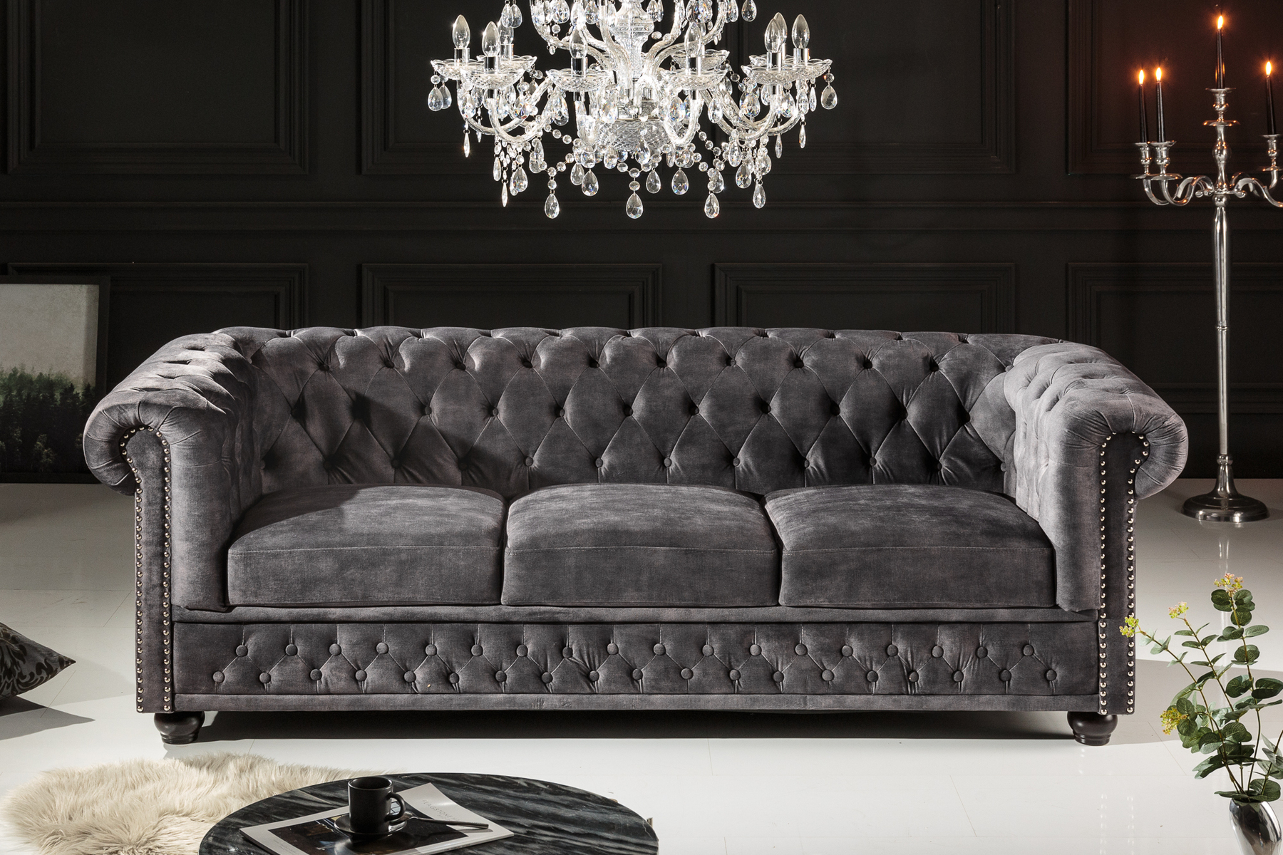 Chesterfield 3-Sitzer Sofa 205cm grau Samt Federkern Knopfheftung