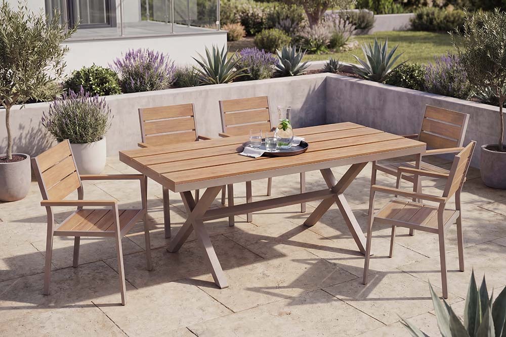 Moderner Gartentisch DESIGNO 150cm natur greige Aluminium wetterfest X-Gestell