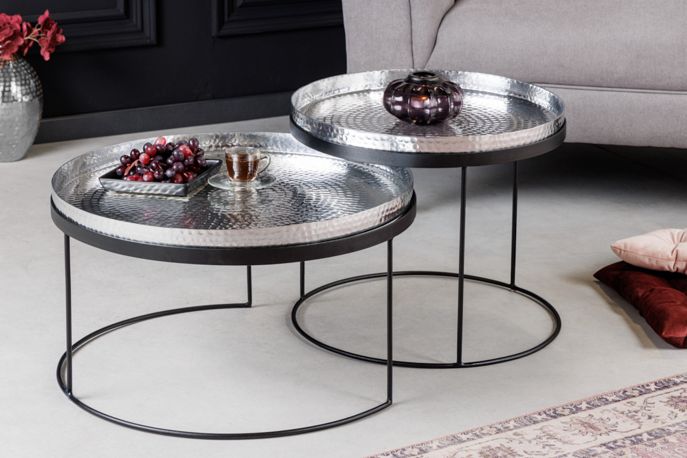 2er Set Runde Couchtische ELEMENTS 60cm silber schwarz Metall Tabletttisch Beistelltisch