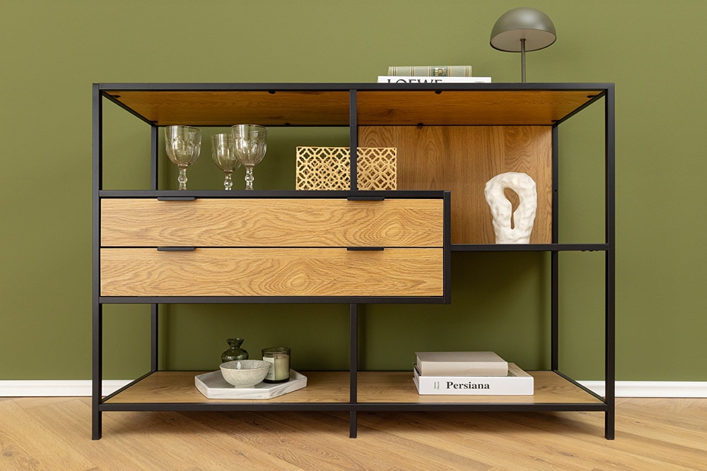 Industrial Bücherregal SLIM LINE 115cm Wildeiche schwarz Metall mit Schubladen