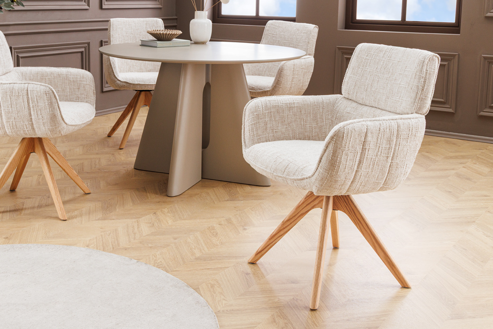 Drehbarer Stuhl UNIQUE beige Chenille Eichenholzbeine mit Armlehne » Jetzt kaufen
