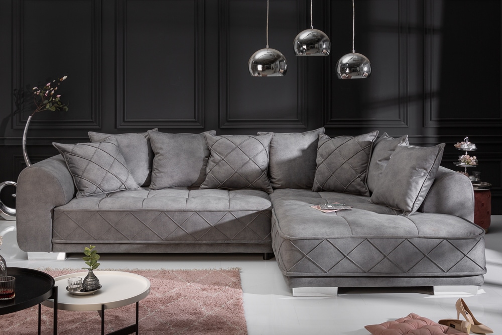 Modernes XXL Ecksofa DECADENCIA 320cm silbergrau Samt Bigsofa inkl. Kissen