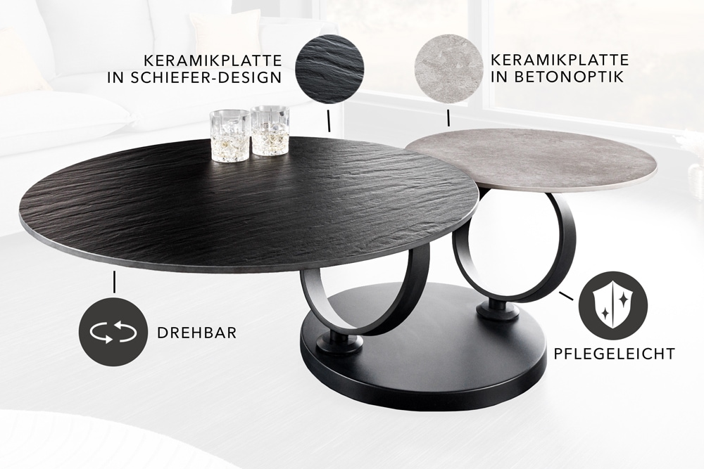 Design Couchtisch DANCING RINGS schwarz grau rund drehbar Keramik Metall