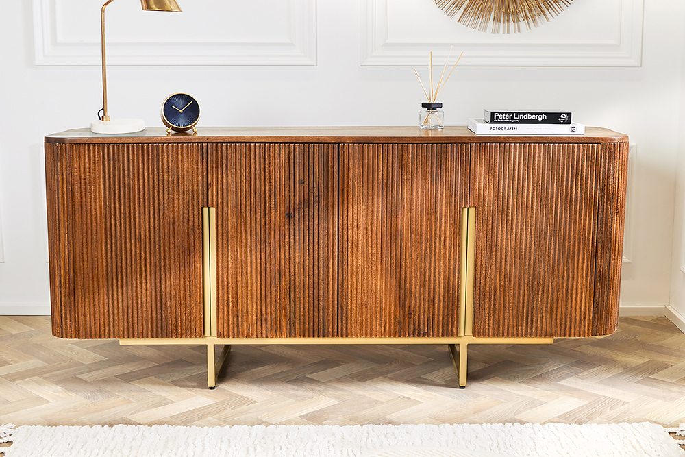 Design Sideboard GATSBY 160cm braun mattgold Mangoholz Retro