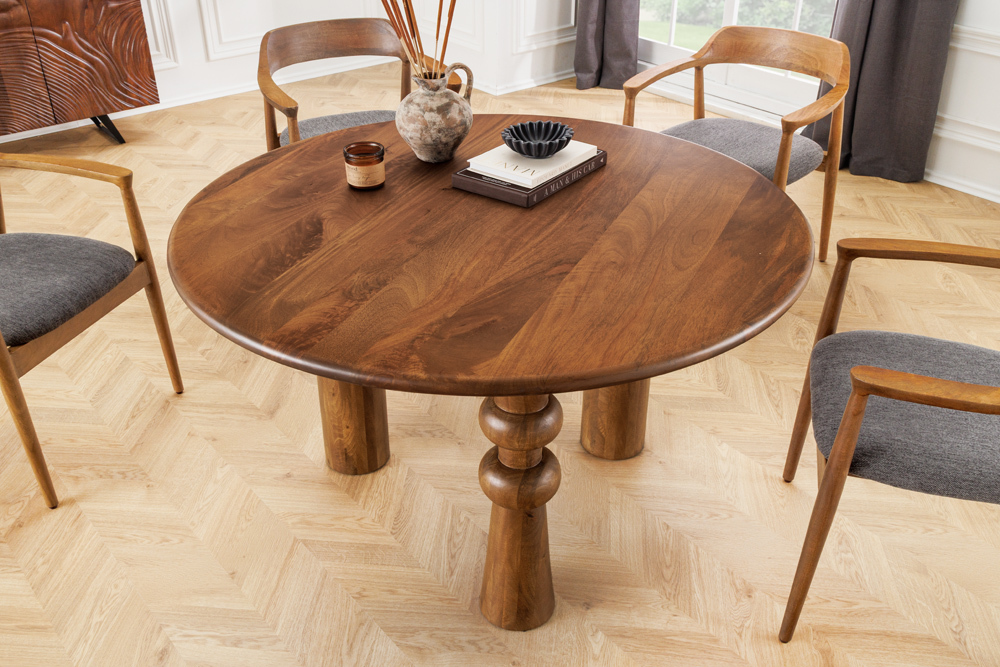Runder Esstisch ARTE 120cm braun Mangoholz massiv mit markantem Gestell