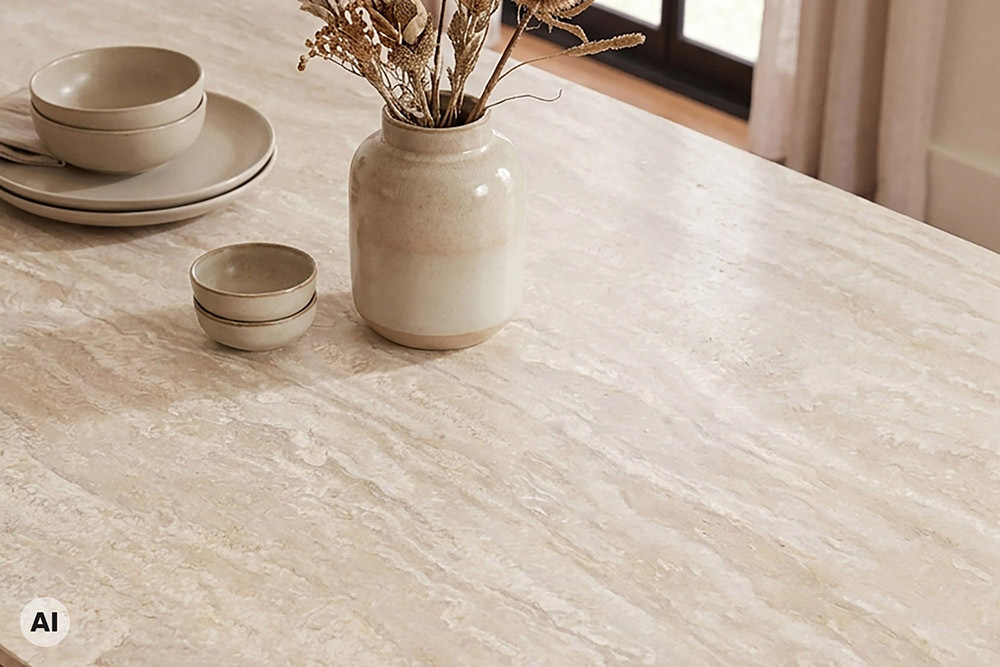 Ovaler Esstisch UNIQUE 200cm beige natur Travertin Eiche mit Säulenfuß Ovaler Esstisch UNIQUE 200cm beige natur Travertin Eiche mit Säulenfuß