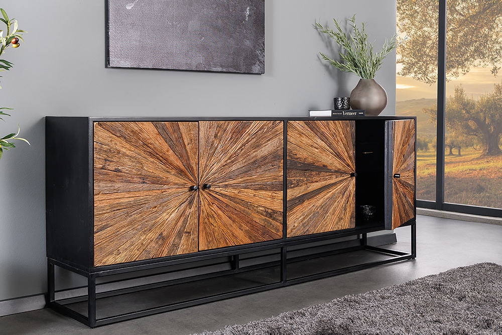 Massives Sideboard BARRACUDA 180cm braun Mangoholz mit Teakholz-Front schwarz Metall