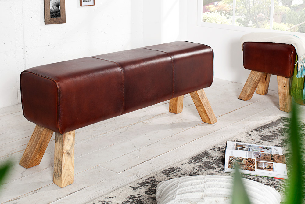 Retro Sitzbank TURNBOCK 120cm mit Echtleder Bezug Mangoholz Bank