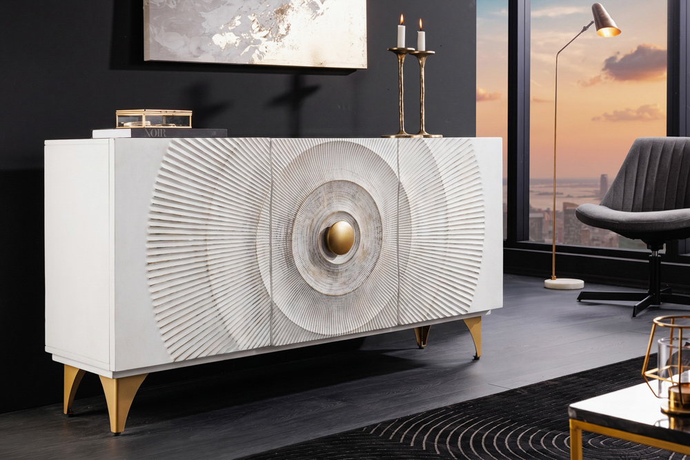 Handgearbeitetes Sideboard GOLDEN SUNSET 140cm weiß mit 3D Schnitzereien gold Mangoholz Metallbeine