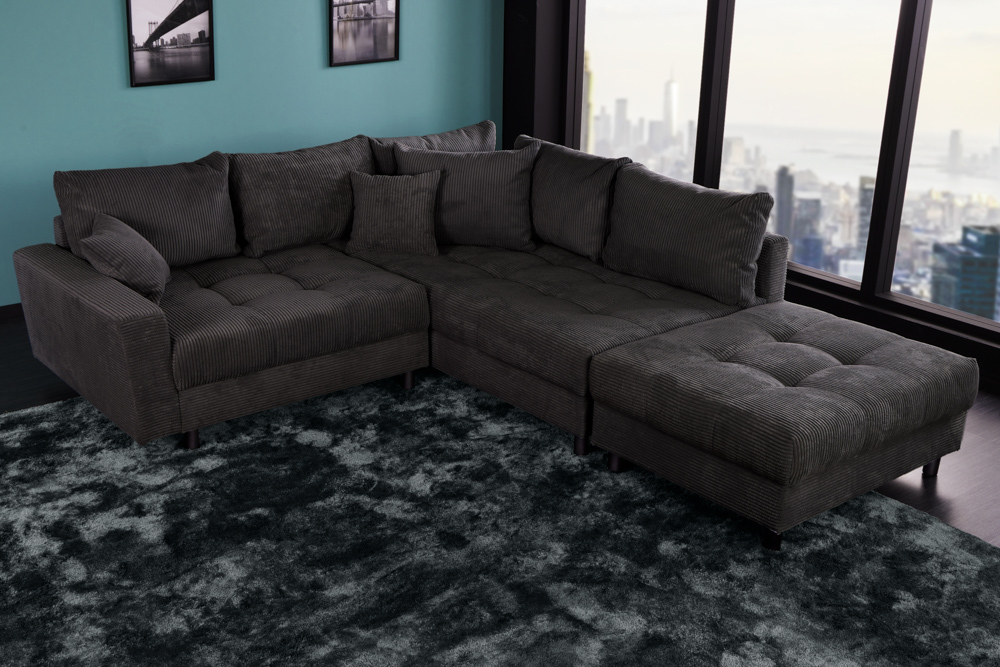Modernes Ecksofa KENT 220cm dunkelgrau Cord inklusive Hocker Federkern Wohnlandschaft