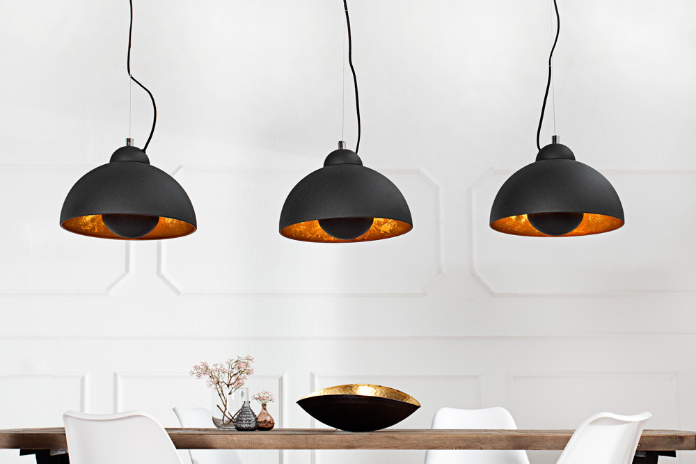 Elegante Hängelampe STUDIO 3 110cm schwarz Blattgold-Optik drei Schirme
