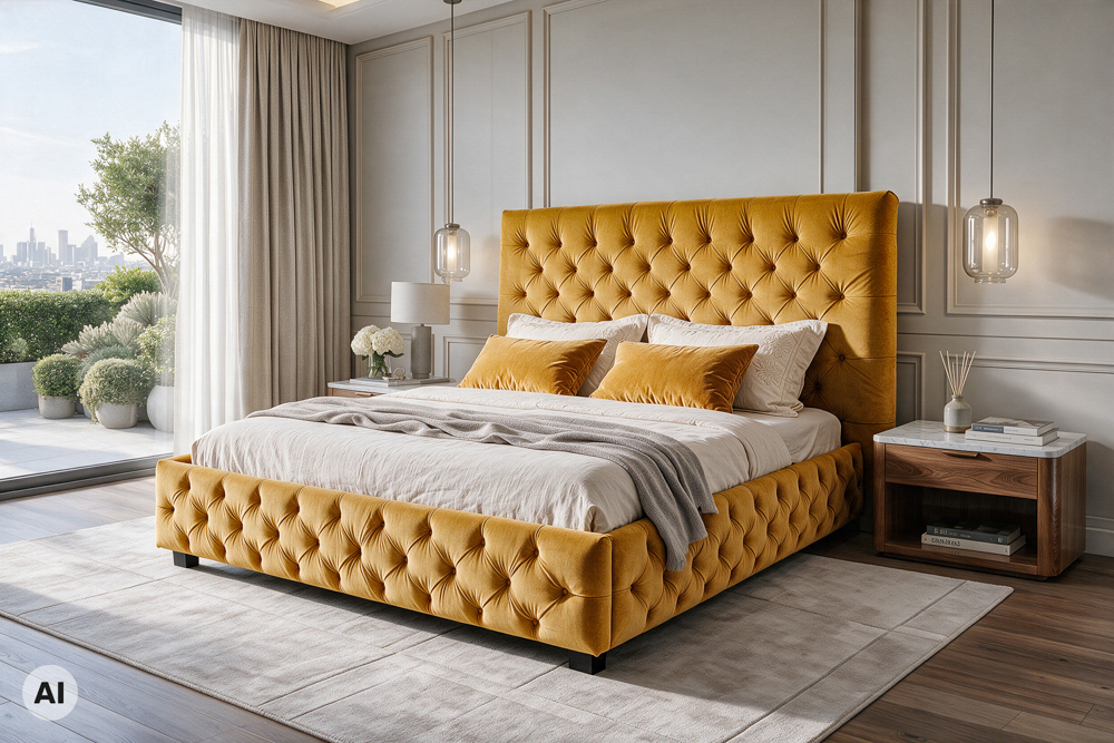 Queensize Doppelbett PARIS 160x200cm senfgelb Samt Chesterfield Design