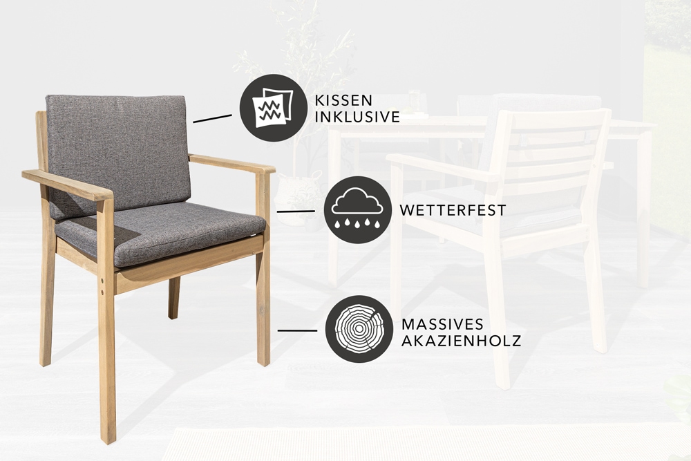 Massiver Gartenstuhl KOPENHAGEN natur Akazienholz anthrazit In- und Outdoor inkl. Kissen