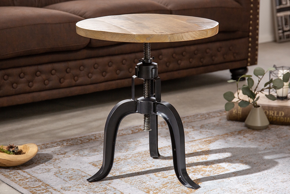 Höhenverstellbarer Beistelltisch ENGINEER 50cm Mangoholz Industrial Design massiv rund Eisen