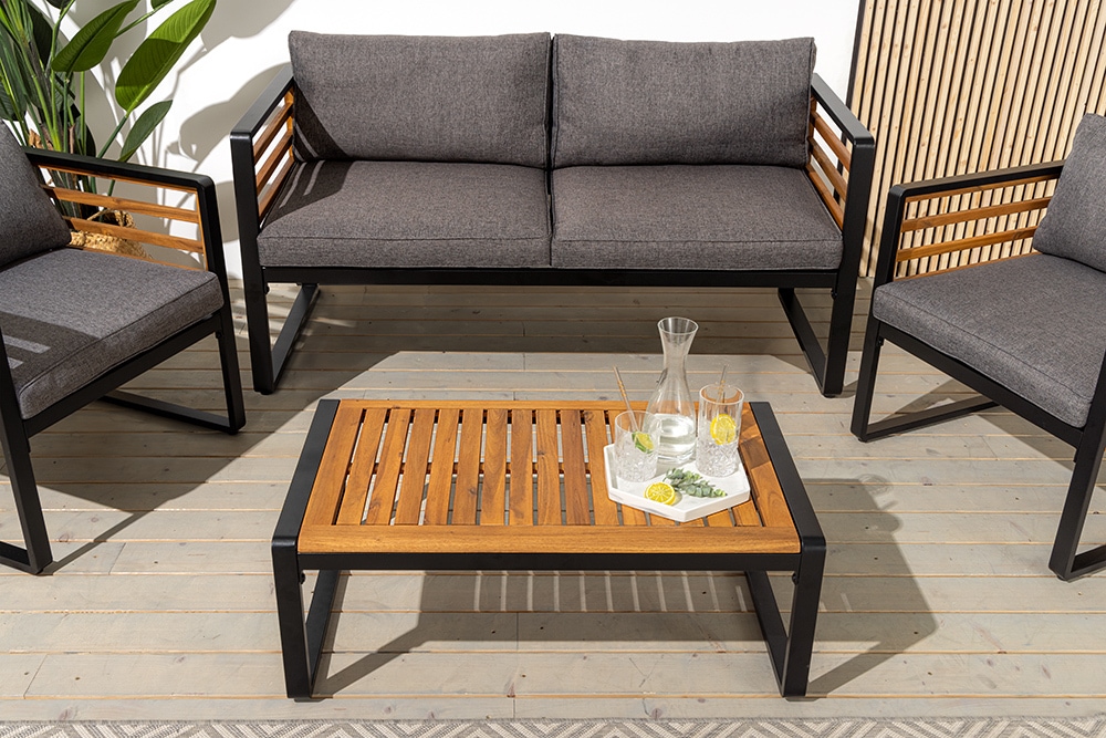 Outdoor Garten-Sitzgruppe PURE grau natur Akazie schwarz Metall inkl. Tisch Sitzpolster