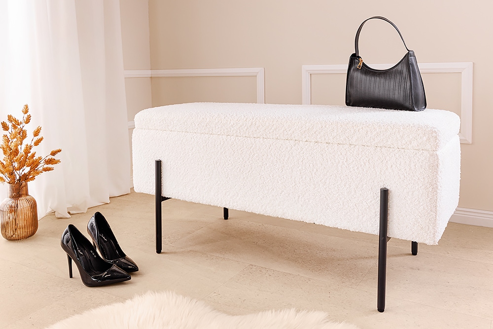 Moderne Truhenbank LOFT 100cm weiß Bouclé Sitzbank mit Stauraum gepolstert schwarz Metall