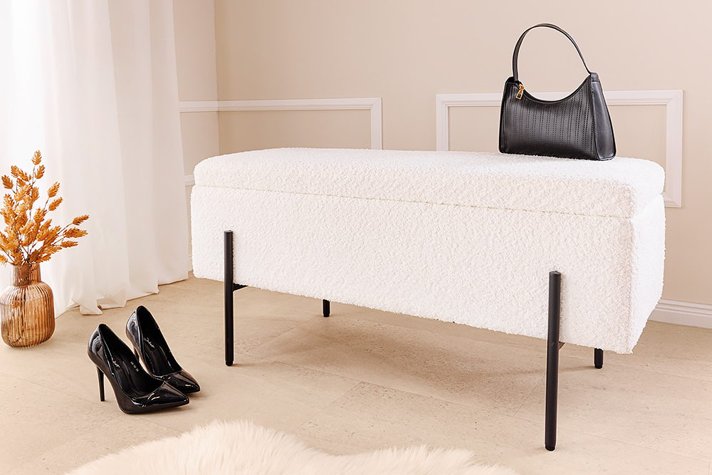 Moderne Truhenbank LOFT 100cm weiß Bouclé Sitzbank mit Stauraum gepolstert schwarz Metall » Jetzt kaufen