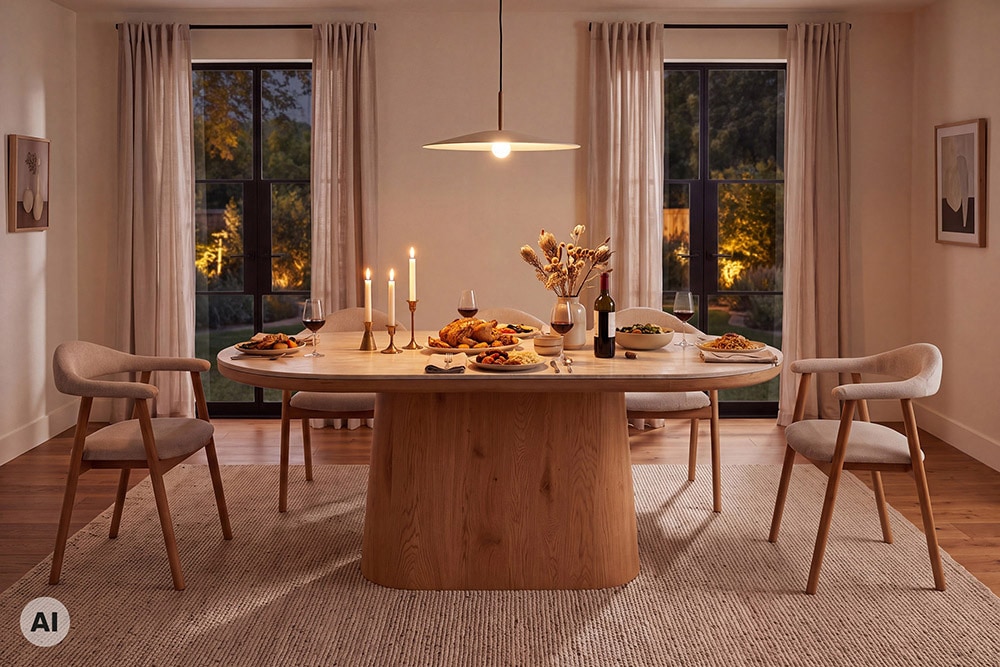Ovaler Esstisch UNIQUE 200cm beige natur Travertin Eiche mit Säulenfuß