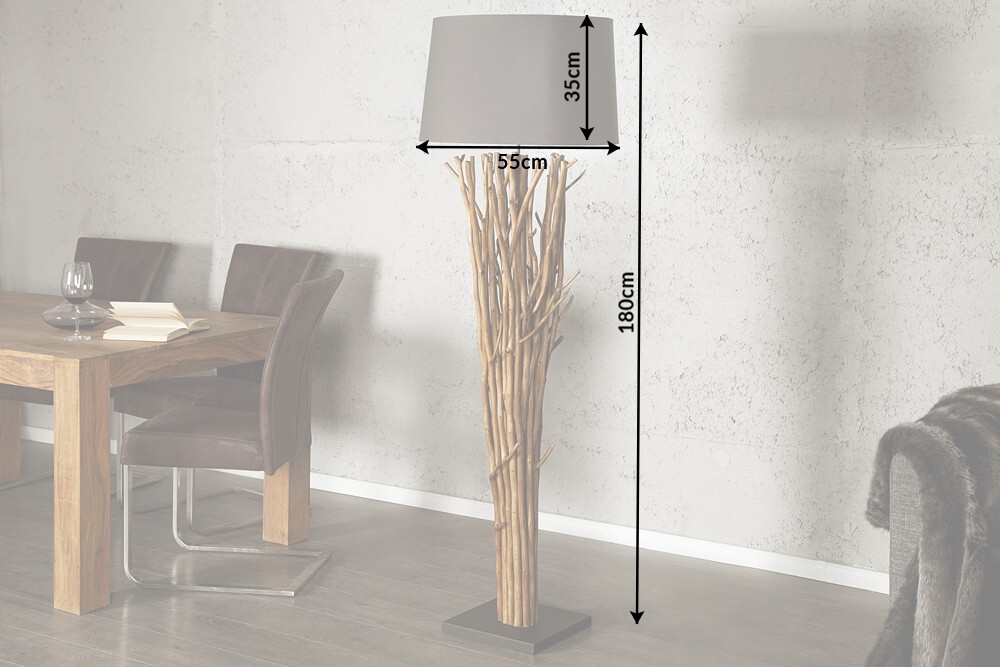 Design Treibholz Stehlampe EUPHORIA 180cm grau mit Leinenschirm