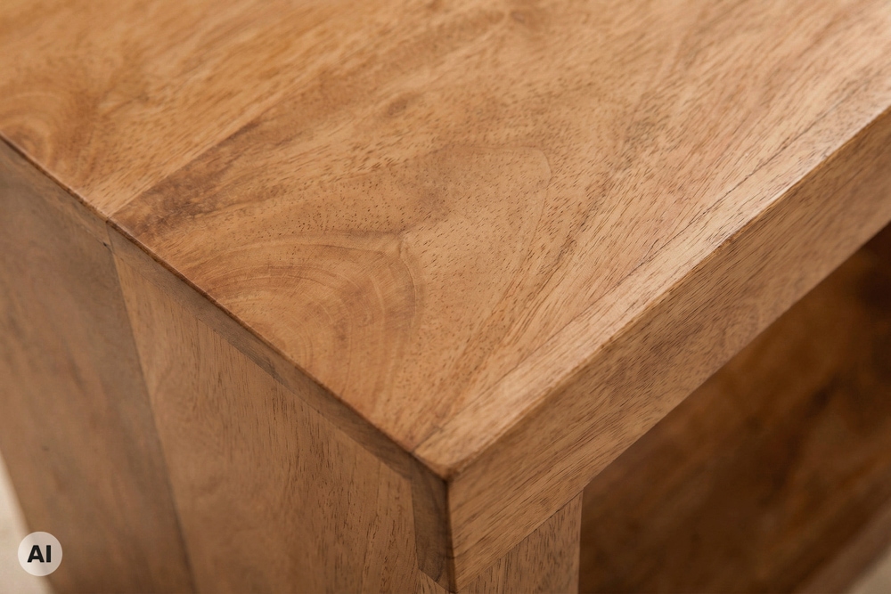 Handgearbeiteter Beistelltisch S 60cm braun honey finish Mangoholz mit Ablage variabel stellbar