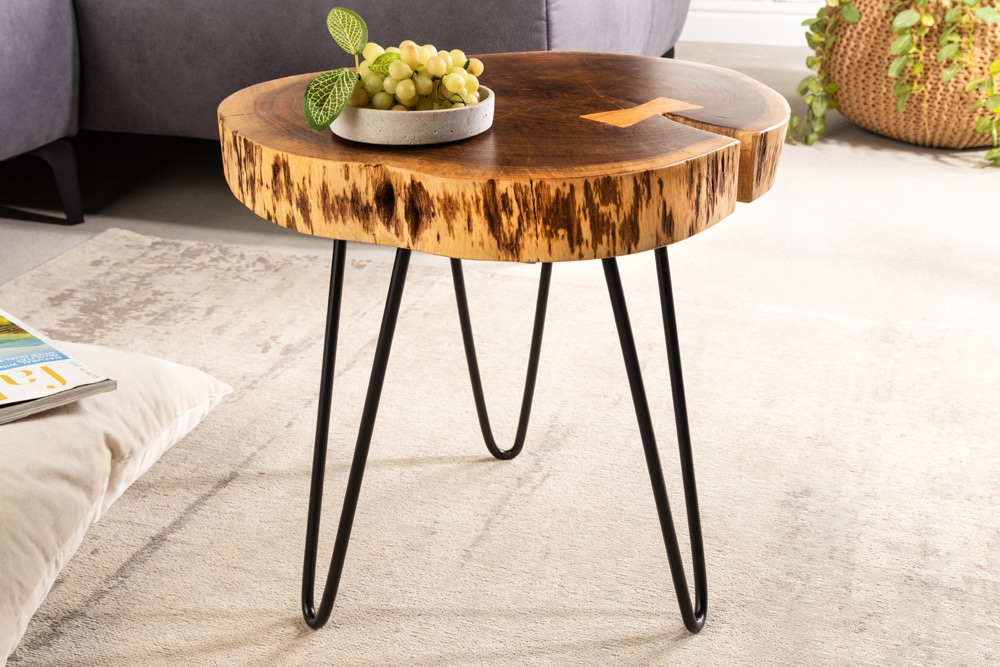 Industrial Beistelltisch GOA 40cm natur Akazie Massivholz Baumstamm rund Hairpin Legs