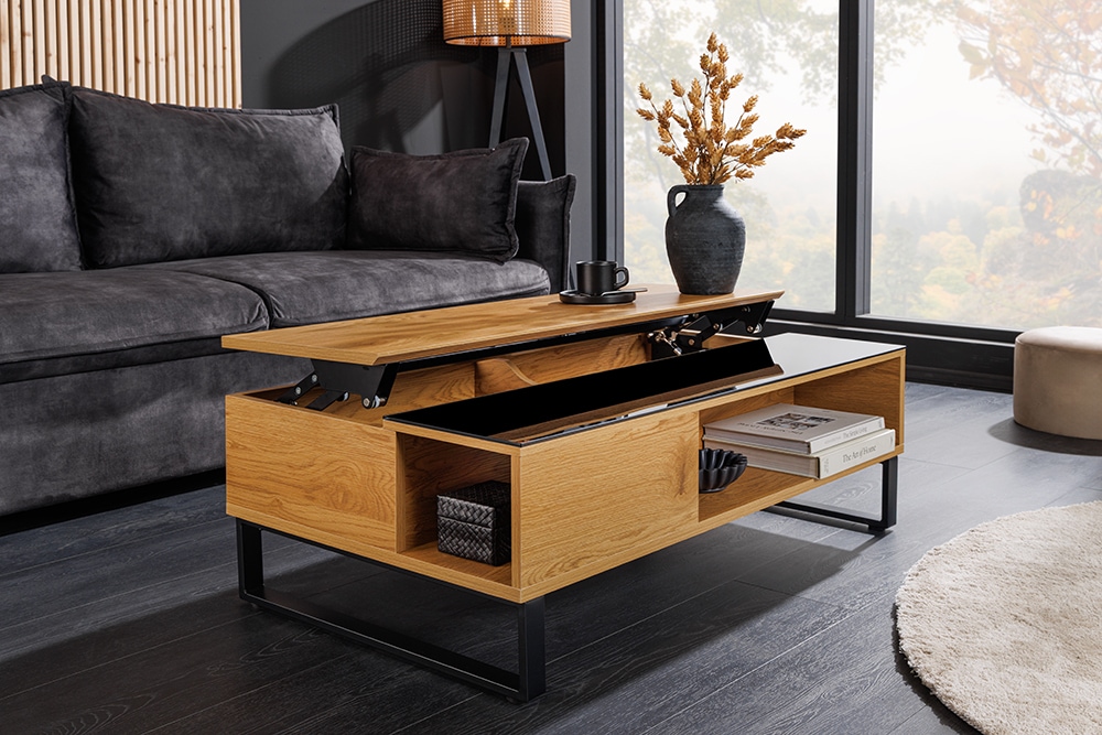 Höhenverstellbarer Couchtisch APARTMENT 110cm natur Eiche schwarz Metall Stauraum » Jetzt kaufen