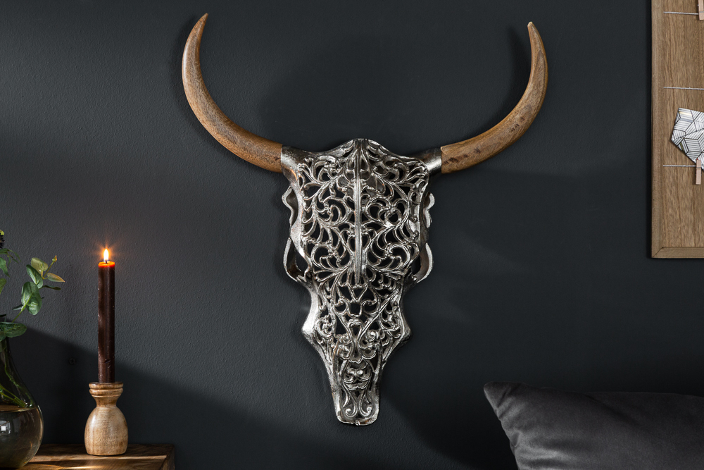 Extravagante Wanddekoration EXOTIC BULL 60cm silber Mangoholz Stierkopf