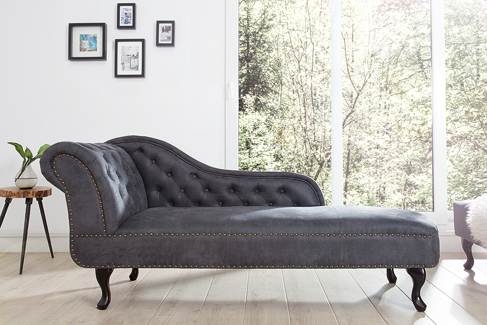 Chesterfield Récamière 170cm antik grau mit Knopfheftung und Nietenbesatz