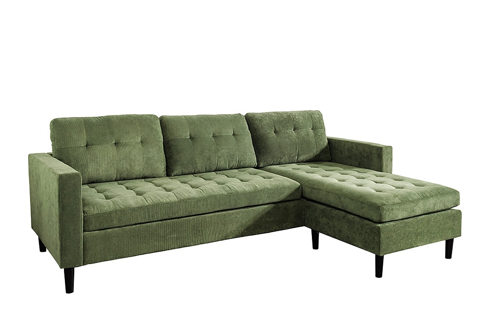 Retro Ecksofa STOCKHOLM 220cm grün Cordstoff Federkern 3-Sitzer