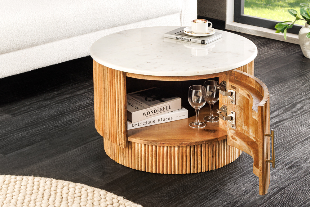 Runder Couchtisch TRES CHIC 60cm weiß Marmor natur Mangoholz mit Stauraum
